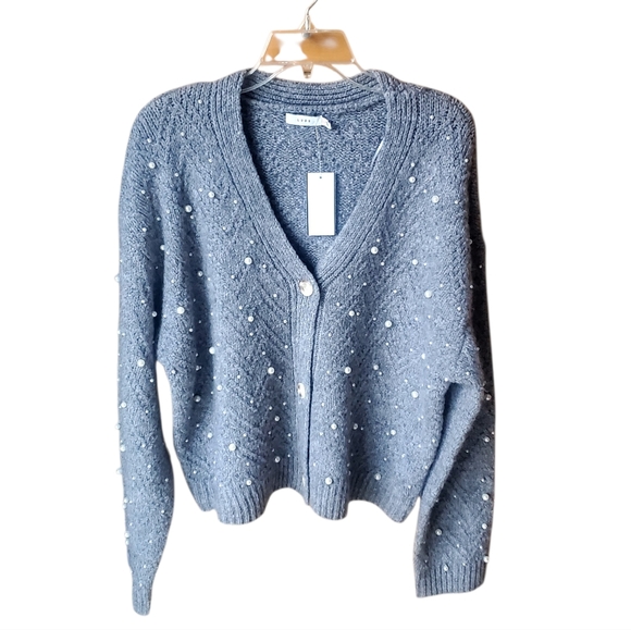Lush Grey Cardigan Sweater Pearls Embelished XL - Picture 2 of 9